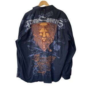 Mens Vintage Y2K Born Sinners Lion Head Embroidered Button Down Shirt Gothic